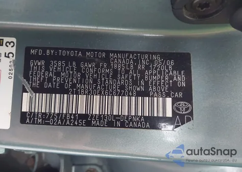 2006 Toyota Corolla Le из США, поврежденный, VIN 2T1BR30EX6C677048